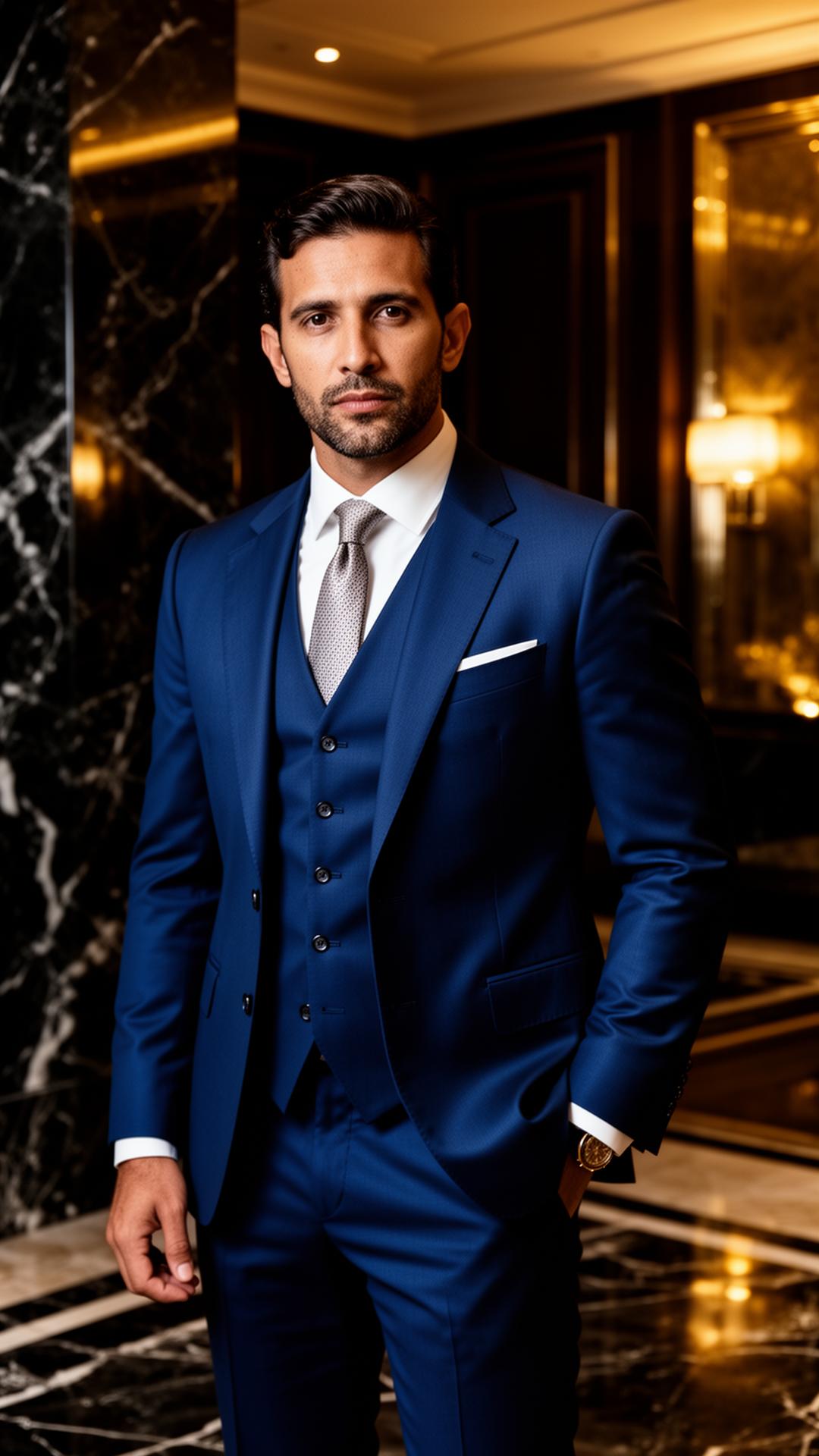 Homem vestindo terno azul marinho da Vitória Ternos